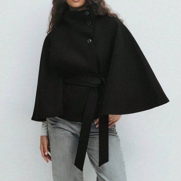 Black Elegant Women's Cloak With Stand Collar, Button Closure And Belt - Picture 3 of 4